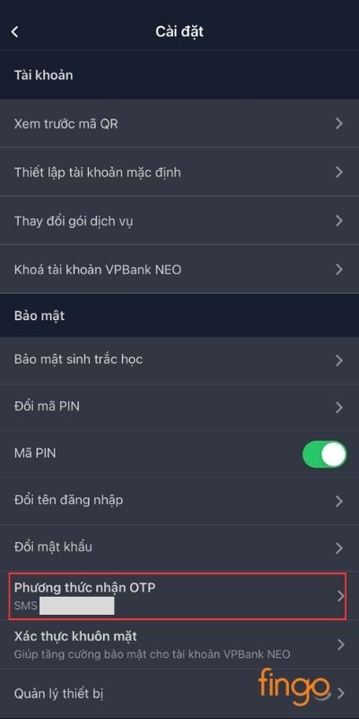 Chọn Phương thức nhận OTP