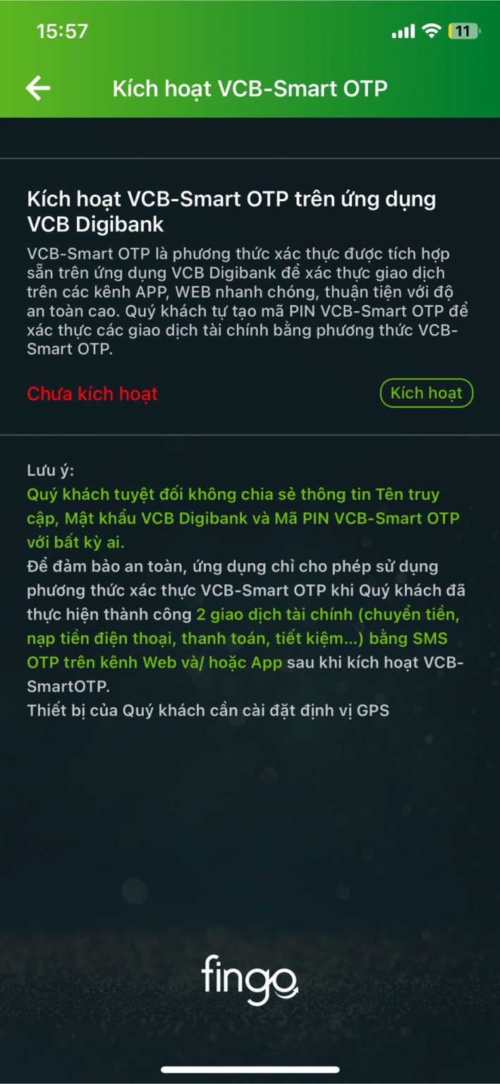 Cách kích hoạt VCB - Smart OTP bước 1