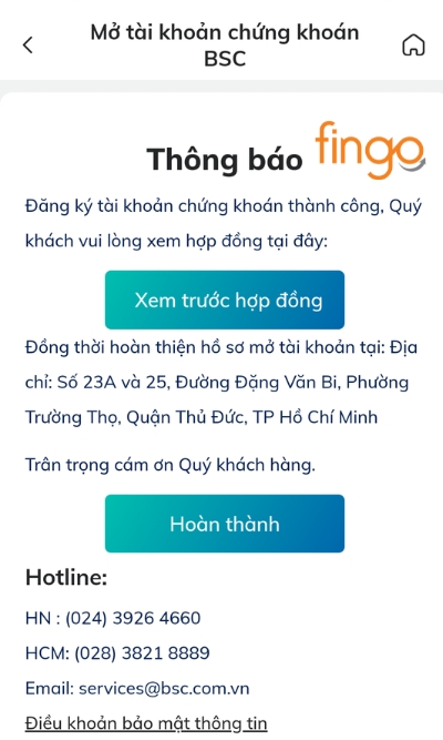 Màn hình sẽ hiển thị thông báo đăng ký mở tài khoản chứng khoán BIDV thành công đi kèm là hợp đồng online. 