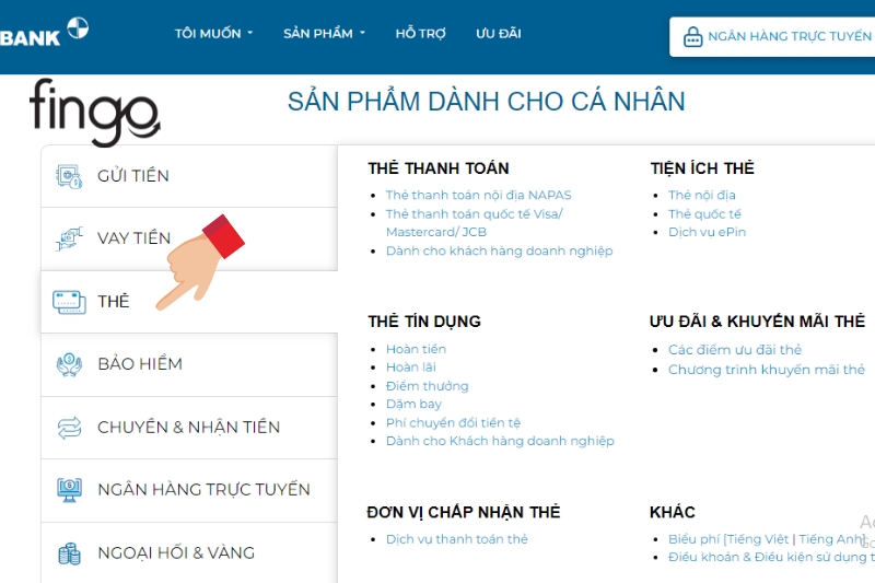 Ở mục khách hàng cá nhân chọn "Thẻ"
