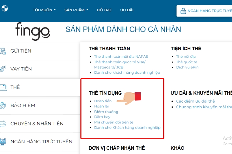  Ở "Thẻ tín dụng" chọn "Hoàn tiền".