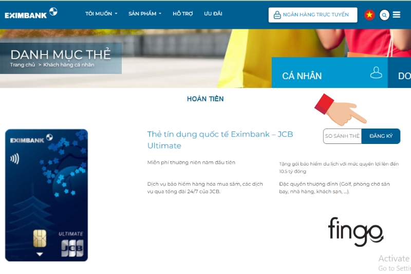 chọn Thẻ tín dụng Eximbank JCB Ultimate > "Đăng ký".