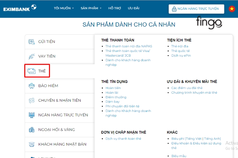 Ở mục khách hàng cá nhân chọn “Thẻ”.