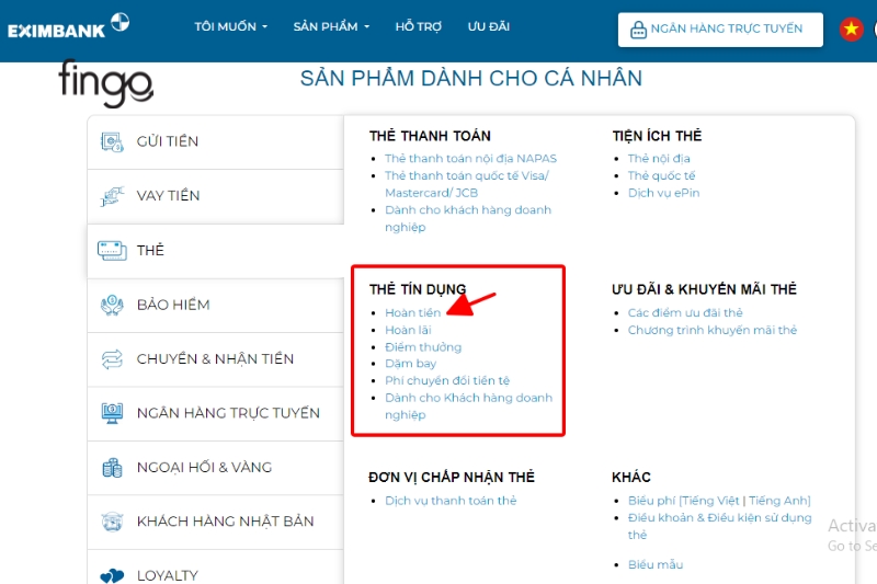 Ở “Thẻ tín dụng” chọn “Hoàn tiền”.