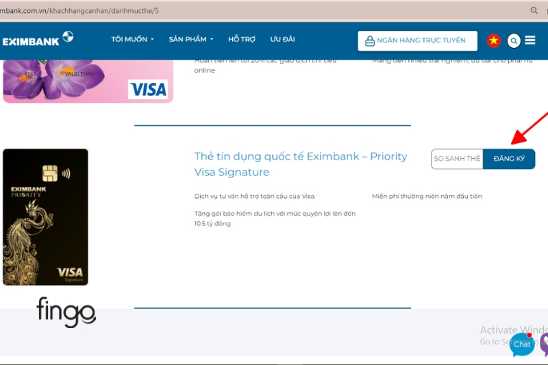 Chọn Thẻ tín dụng Eximbank Priority Visa Signature > “Đăng ký”.