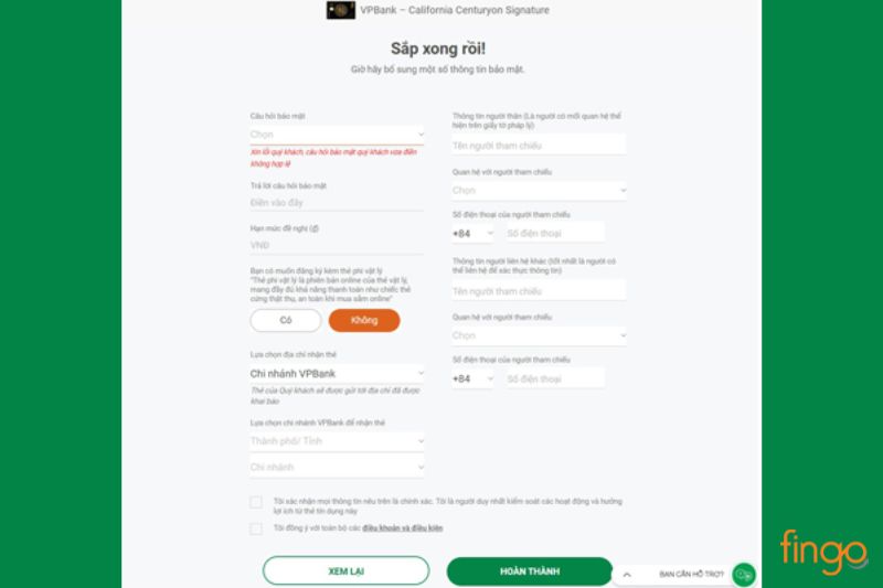 Bổ sung thông tin bảo mật và hoàn thành các bước mở thẻ tín dụng VPBank