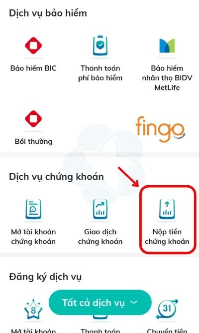 Chọn mục Nộp tiền chứng khoán.