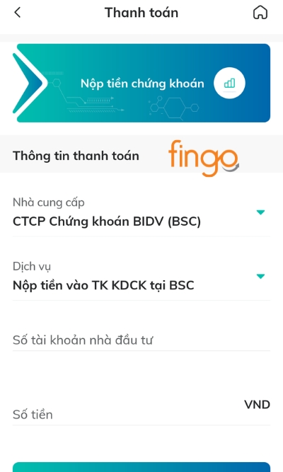 Màn hình hiển thị các thông tin về nhà cung cấp, dịch vụ, số tài khoản và số tiền.