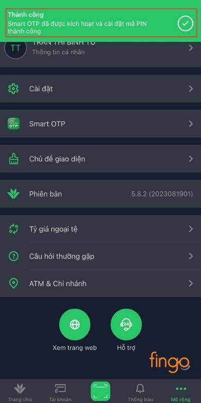 Thay đổi mã PIN Smart OTP thành công