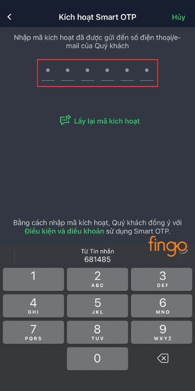 Nhập mã kích hoạt Smart OTP