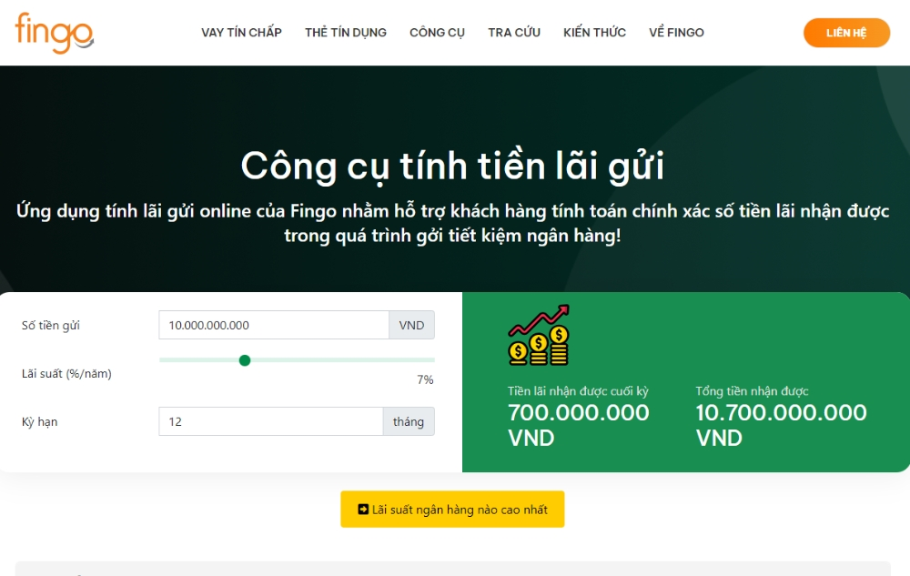 Công cụ tính lãi Fingo giúp trả lời câu hỏi 2 tỷ gửi ngân hàng lãi bao nhiêu 1 tháng