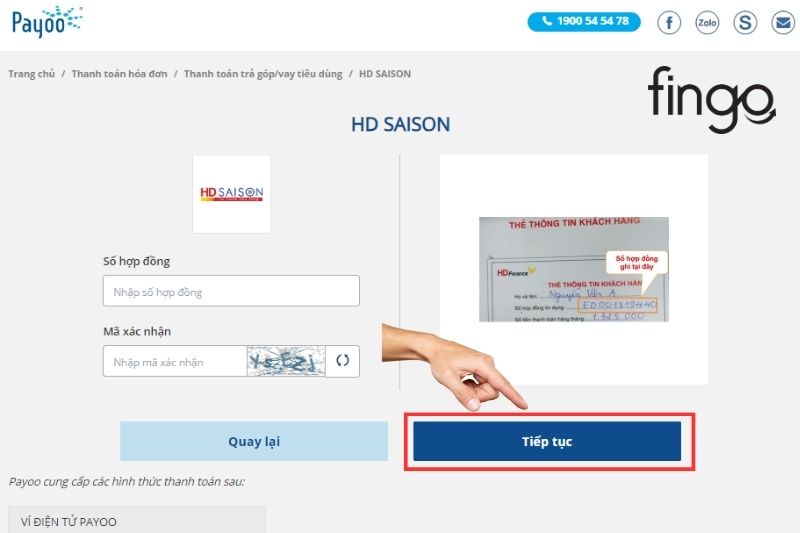 Nhập số hợp đồng và mã xác nhận để thanh toán khoản vay HD SAISON