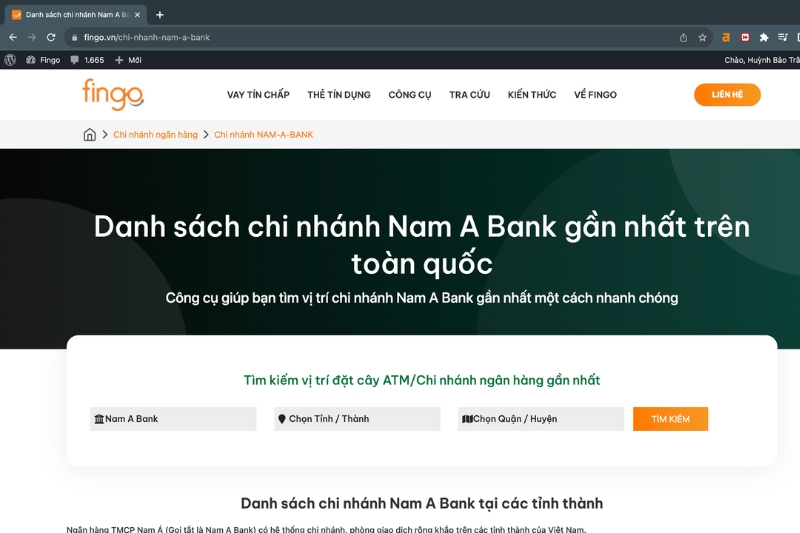 Cách tra cứu chi nhánh ngân hàng Nam A Bank bước 1