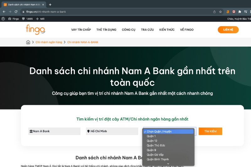 Cách tra cứu chi nhánh ngân hàng Nam A Bank bước 2