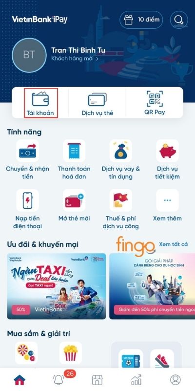 Chọn danh mục Tài khoản