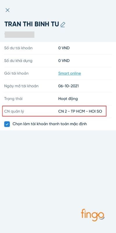 Chi nhánh ngân hàng Vietinbank quản lý tài khoản bạn sẽ hiển thị lên màn hình
