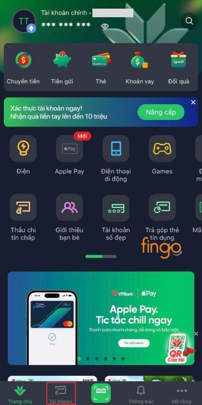 Chọn mục Tài khoản
