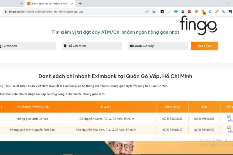 Website sẽ hiển thị danh sách các chi nhánh/PGD Eximbank gần nhất/