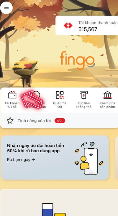 Đăng nhập vào ứng dụng, chọn mục Tài khoản và thẻ
