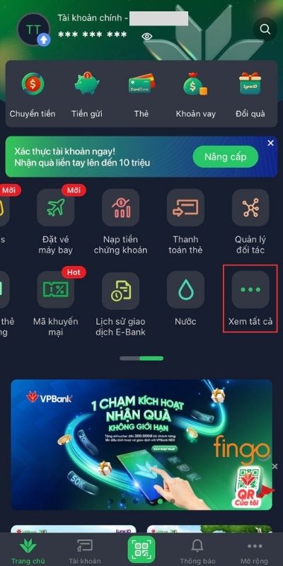 Vào Xem tất cả để tìm mục Tra cứu lịch sử giao dịch