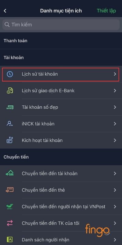 Chọn Lịch sử tài khoản