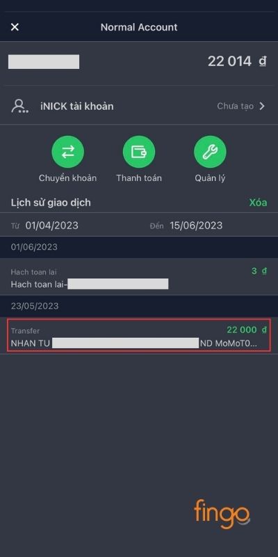 Nhấn vào giao dịch cần tra soát