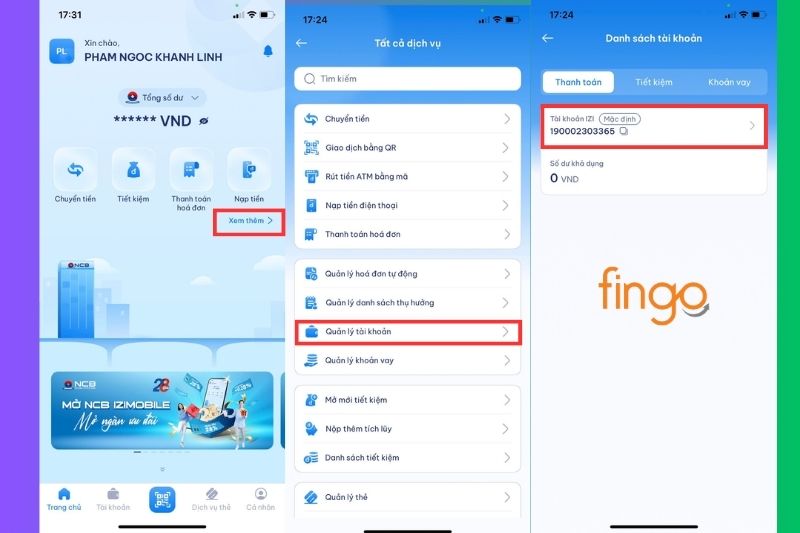 Kiểm tra số tài khoản ngân hàng NCB tại ứng dụng NCB iziMobile - Cách 1.
