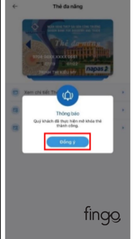 Màn hình hiển thị thông báo mở thẻ thành công