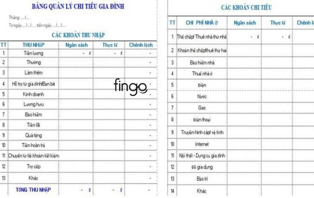 Bảng chi tiêu gia đình hàng tháng