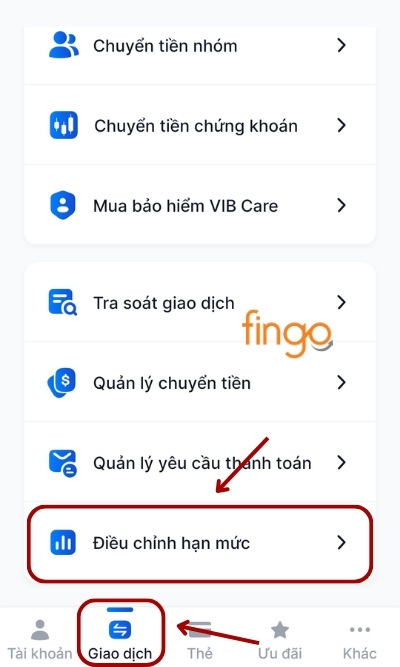 Đăng nhập ứng dụng. Chọn mục Giao dịch. Sau đó chọn mục Điều chỉnh hạn mức