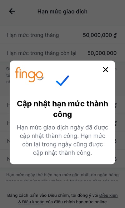 Màn hình lúc này hiển thị thông báo cập nhật điều chỉnh hạn mức chuyển tiền VIB thành công