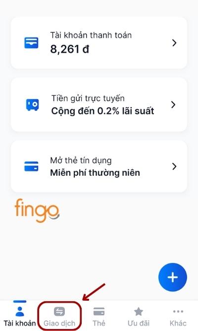 Đăng nhập ứng dụng MyVIB, chọn mục Giao dịch