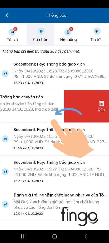  Chọn giao dịch cần xóa vuốt sang trái > nhấn Xóa. 