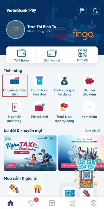 Chọn tính năng Chuyển và nhận tiền