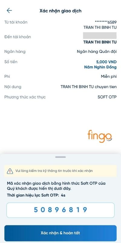 Xác thực OTP để thực hiện giao dịch