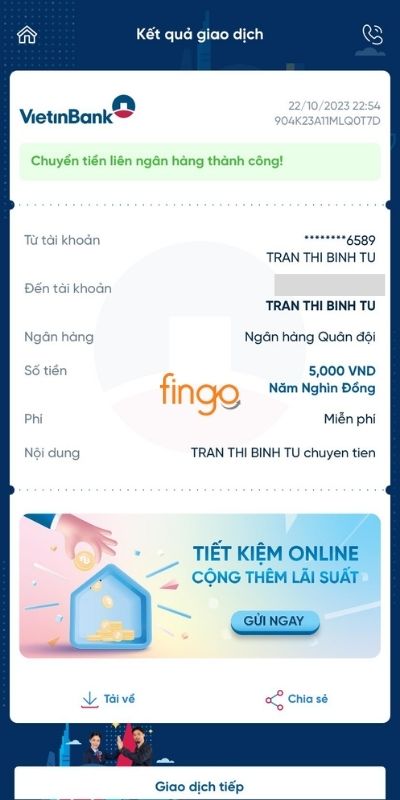 Kết quả giao dịch thành công