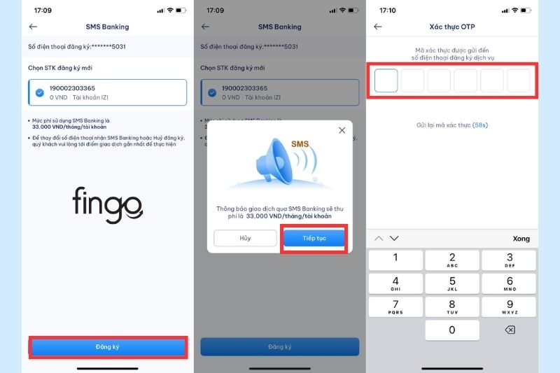 Bấm "Tiếp tục" nếu bạn đồng ý trả phí 33,000 VND/tháng/tài khoản và nhập mã OTP để hoàn thành quá trình hoàn tất đăng ký SMS Banking NCB