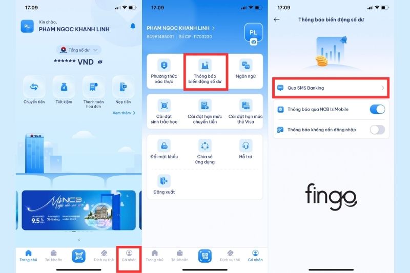 Bấm vào mục "Cá nhân" "Thông báo biến động số dư". Tiếp theo, chọn "Qua SMS Banking"