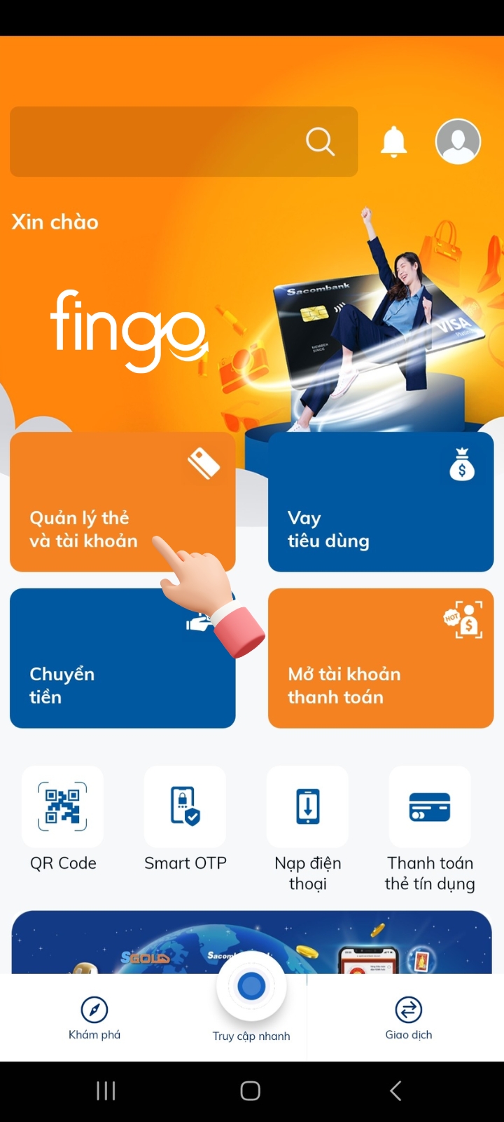 Chọn "Quản lý thẻ và tài khoản".