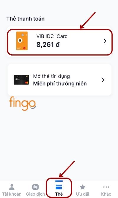Đăng nhập ứng dụng MyVIB, chọn mục Thẻ. Sau đó chọn thẻ ATM mà khách hàng muốn đổi mã PIN