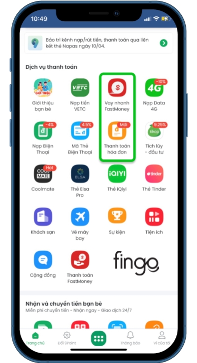 Nhấn chọn vay nhanh FastMoney