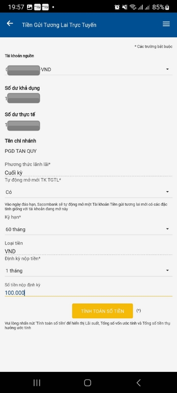 Sau khi đồng ý điều khoản > Chọn tài khoản nguồn > Chọn tính toán số tiền.