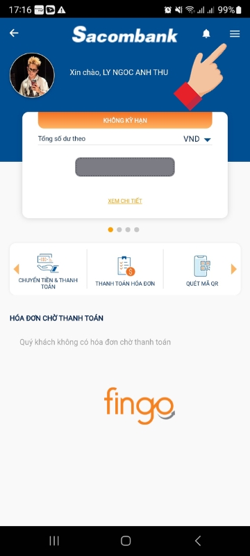 Truy cập ứng dụng Sacombank mBanking > Chọn ☰