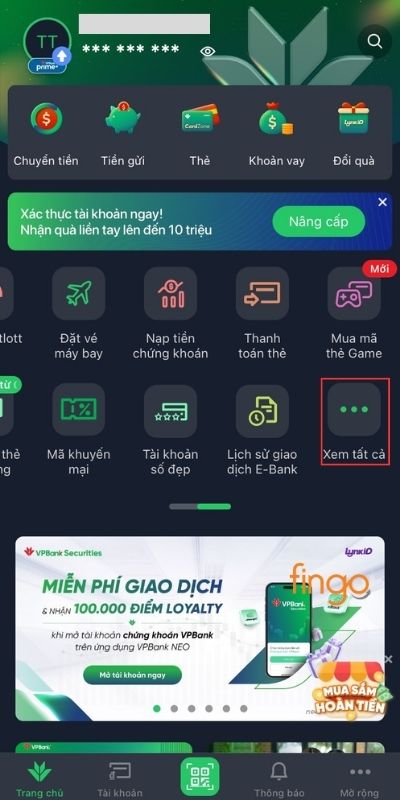 Đăng nhập VPBank NEO và chọn xem tất cả tính năng