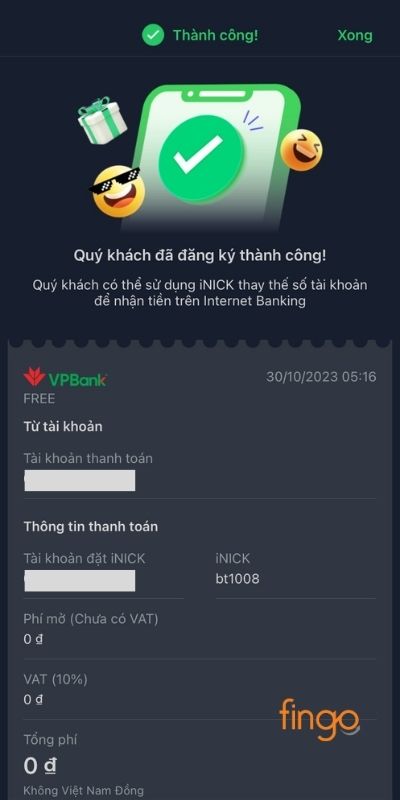 Đổi iNICK VPBank thành công