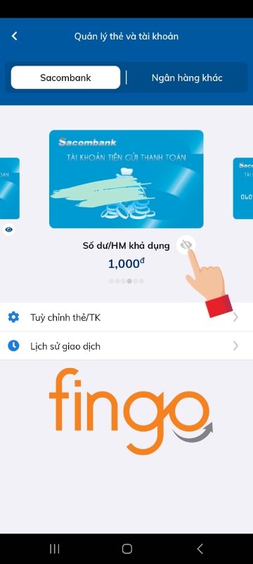 Kiểm tra số dư tài khoản Sacombank hiển thị.