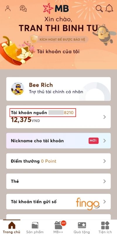Số tài khoản MB Bank hiển thị ngay tại màn hình chính của ứng dụng