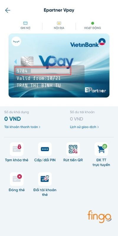Số thẻ Vietinbank được hiển thị cùng các thông tin cá nhân khác