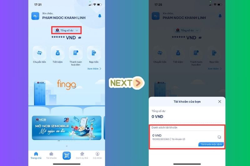 Kiểm tra số tài khoản ngân hàng NCB tại ứng dụng NCB iziMobile - Cách 2