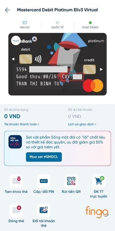Các thông tin thẻ hiển thị gồm họ tên, số thẻ, số cvv,...